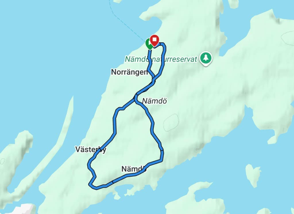 Karta över 7,2 km-rutten på Nämdö